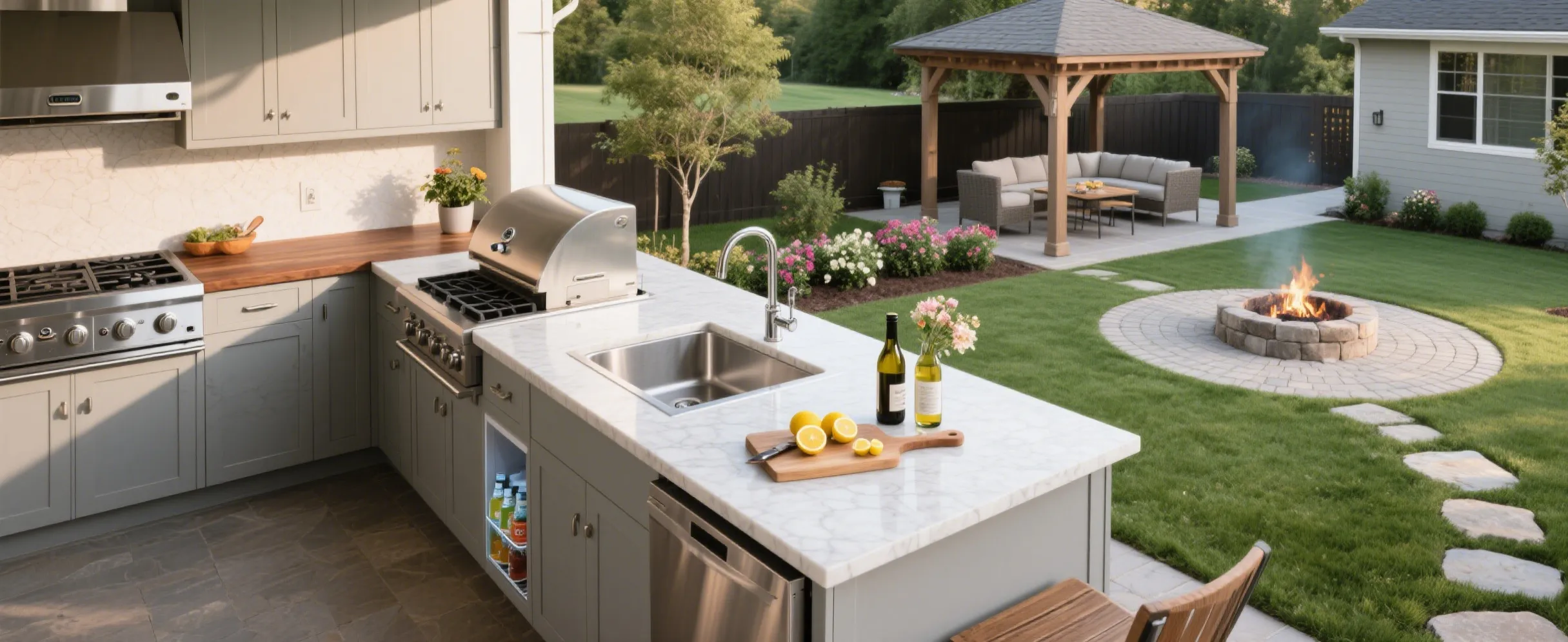 Modern kitchen with rectangular stainless steel sink embedded in white countertop with wooden cabinets below, silver faucet, and kitchen items including plates and bottles